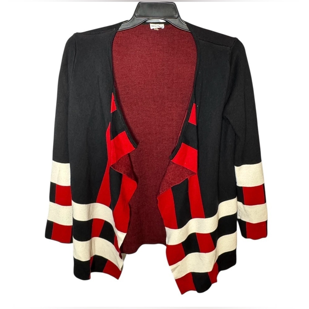 Sioni Black White Red Open Waterfall Sweater Knit Cardigan Women's L